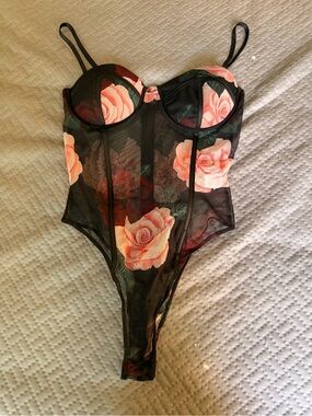 Fashion Nova Black Sheer Mesh Bodysuit with Pink Rose Print